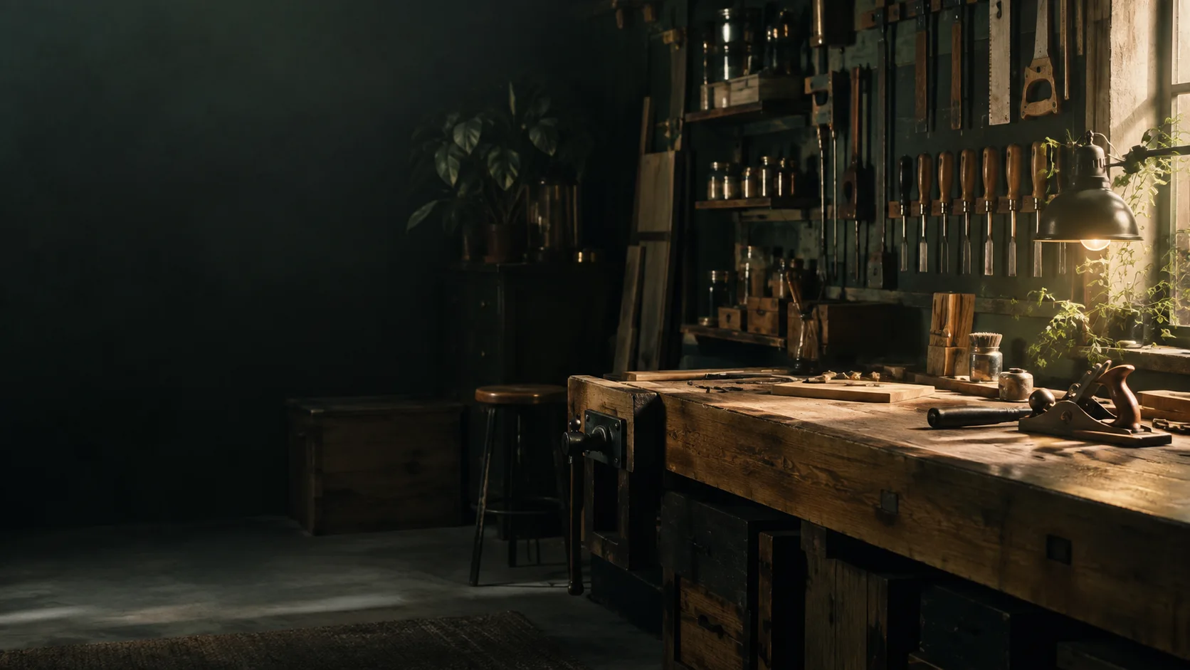 Carefully arranged craftsman’s workshop